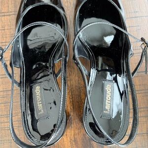 Larroude Glossy Black Patent Strappy Heels